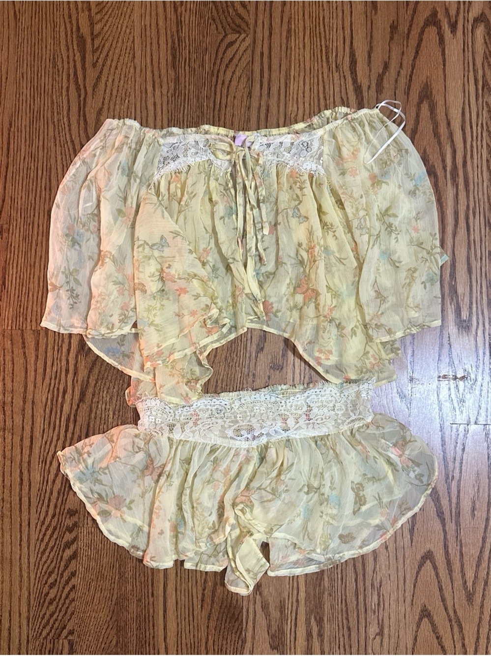 Urban Outfitters Pale Yellow Floral Lace-Trim Two-Piece Pajama Set
